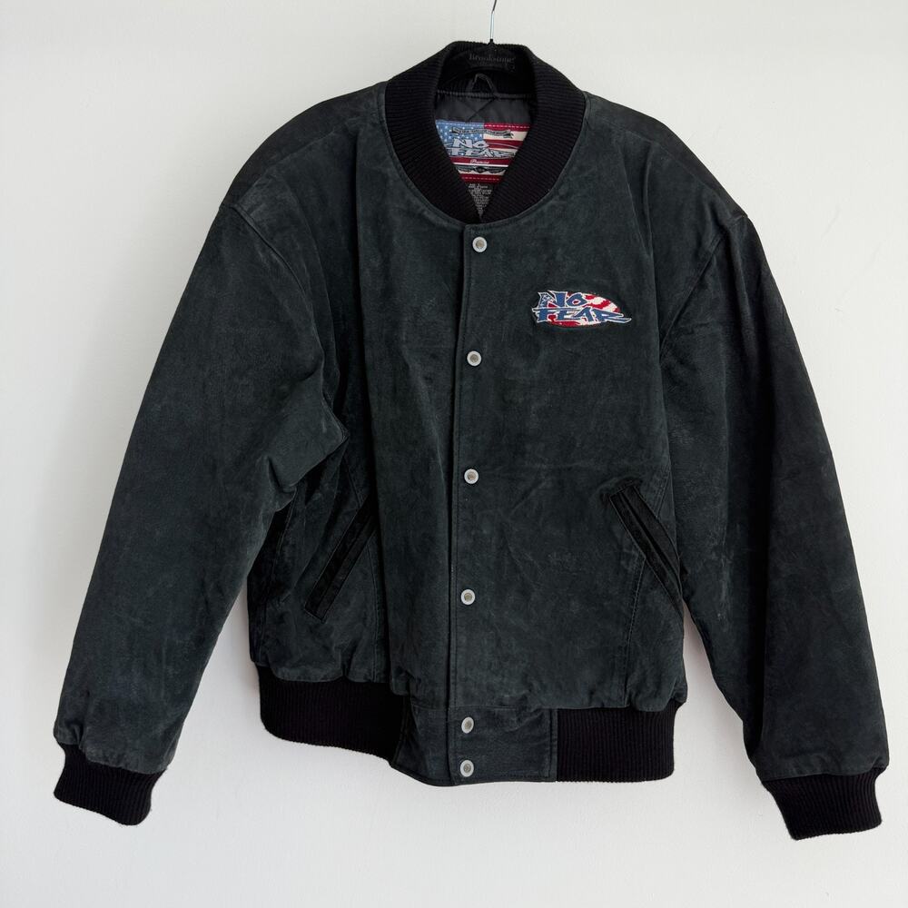 Vintage No Fear Suede Leather Bomber‎ Jacket Mens Large All American Embroidered